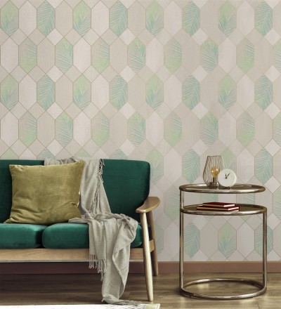 Papel pintado geométrico de hojas tropicales con líneas metalizado estilo Art Decó Tropical Hive 681283