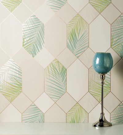 Papel pintado geométrico de hojas tropicales con líneas metalizado estilo Art Decó Tropical Hive 681283