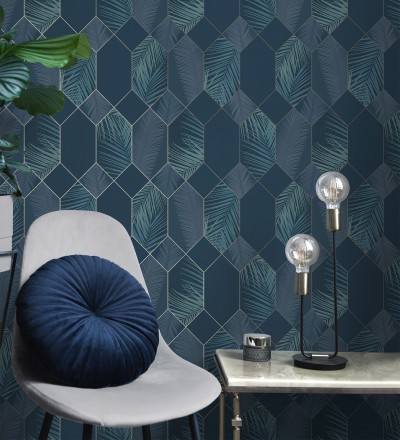 Papel pintado geométrico de hojas tropicales con líneas metalizado estilo Art Decó Tropical Hive 681286