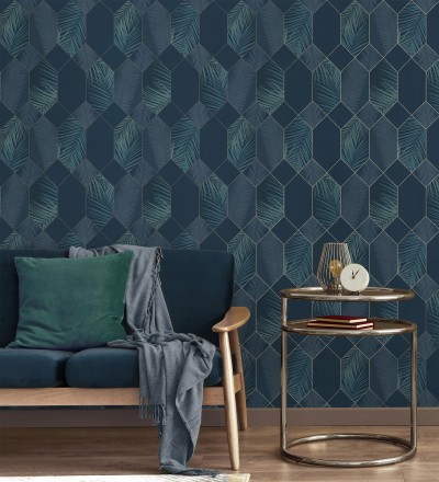 Papel pintado geométrico de hojas tropicales con líneas metalizado estilo Art Decó Tropical Hive 681286