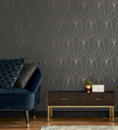 Papel pintado geométrico con líneas metalizadas estilo Art Decó Cartier Lines 681298
