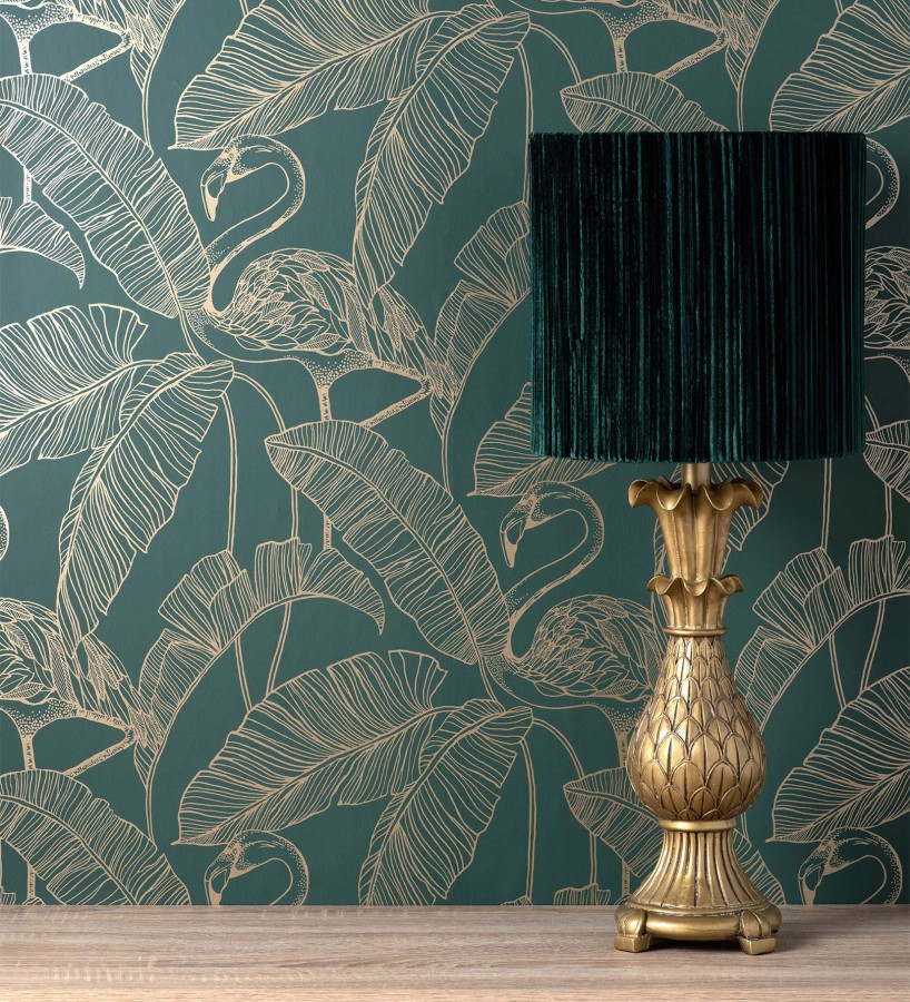Papel pintado hojas tropicales y flamencos estilo Art Decó Luxury Flamand 681301