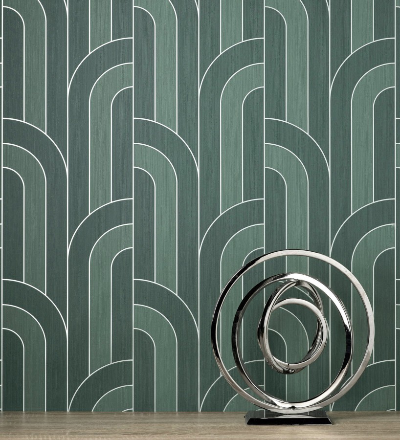 Papel pintado geométrico con líneas metalizadas estilo Art Decó Century Lines 681291