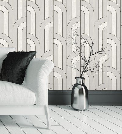 Papel pintado geométrico con líneas metalizadas estilo Art Decó Century Lines 681292