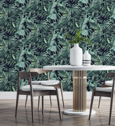 Papel pintado de hojas tropicales verde y negro Maldivas Tropical 680939