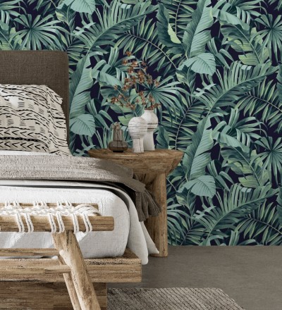 Papel pintado de hojas tropicales verde y negro Maldivas Tropical 680939