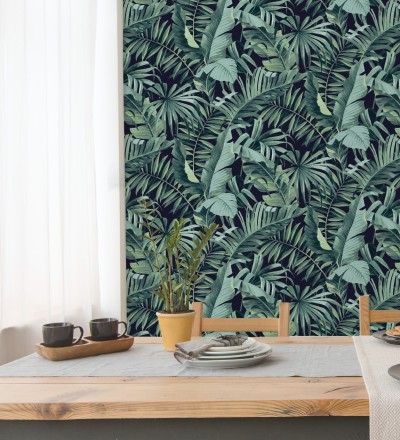 Papel pintado de hojas tropicales verde y negro Maldivas Tropical 680939