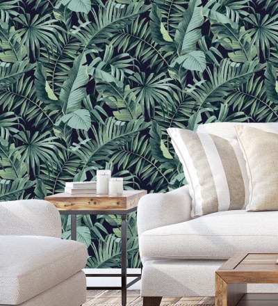 Papel pintado de hojas tropicales verde y negro Maldivas Tropical 680939