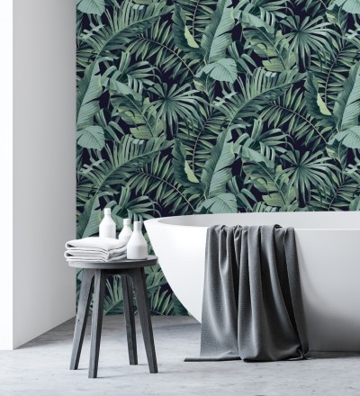 Papel pintado de hojas tropicales verde y negro Maldivas Tropical 680939