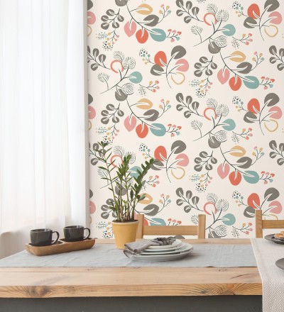 Papel pintado hojas estilo nórdico tonos coral Blossom Hall 679414