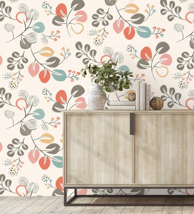 Papel pintado hojas estilo nórdico tonos coral Blossom Hall 679414
