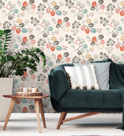 Papel pintado hojas estilo nórdico tonos coral Blossom Hall 679414