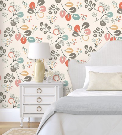 Papel pintado hojas estilo nórdico tonos coral Blossom Hall 679414