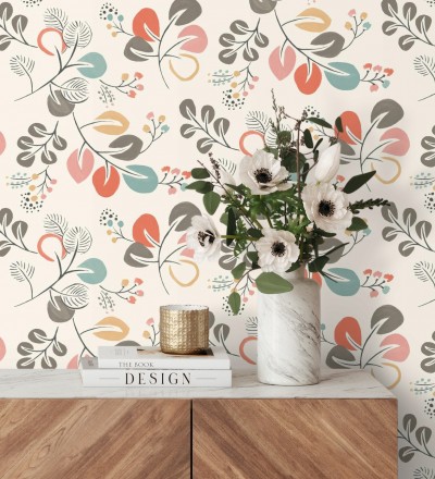 Papel pintado hojas estilo nórdico tonos coral Blossom Hall 679414