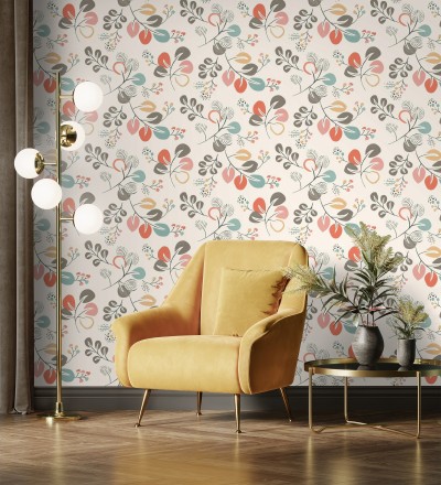 Papel pintado hojas estilo nórdico tonos coral Blossom Hall 679414