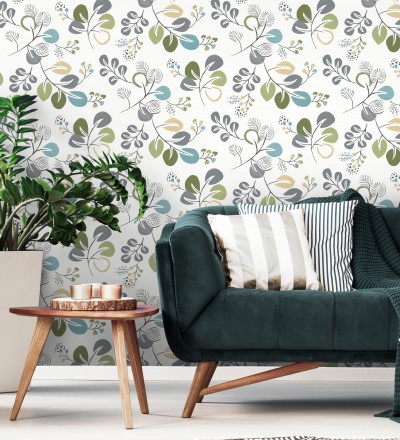 Papel pintado hojas estilo nórdico tonos verdes Blossom Hall 679415