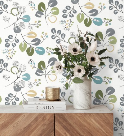 Papel pintado hojas estilo nórdico tonos verdes Blossom Hall 679415