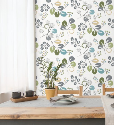 Papel pintado hojas estilo nórdico tonos verdes Blossom Hall 679415