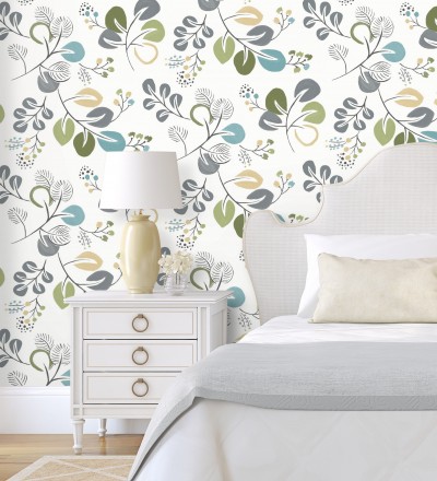 Papel pintado hojas estilo nórdico tonos verdes Blossom Hall 679415