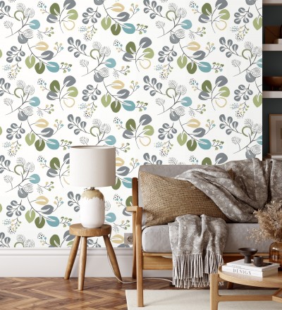 Papel pintado hojas estilo nórdico tonos verdes Blossom Hall 679415