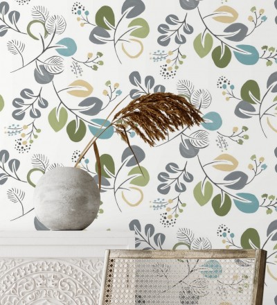 Papel pintado hojas estilo nórdico tonos verdes Blossom Hall 679415