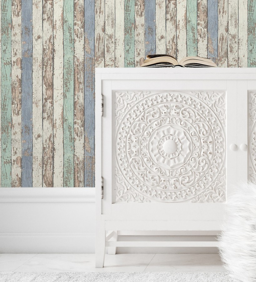 Papel pintado madera decapada blanca y de color estilo nórdico Laredo 453895