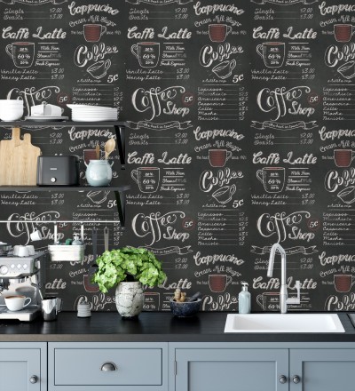 Papel pintado tienda de café blanco fondo negro Coffee Shop 421621