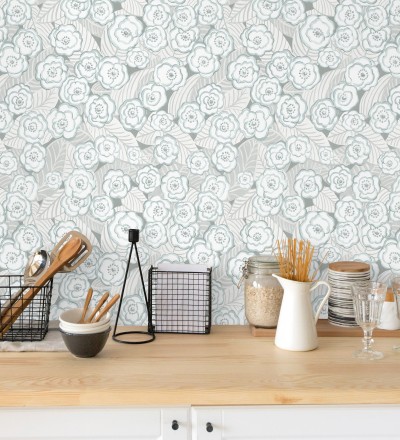 Papel pintado de flores color celeste sobre fondo gris Helen Flowers 680623