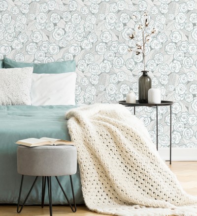 Papel pintado de flores color celeste sobre fondo gris Helen Flowers 680623