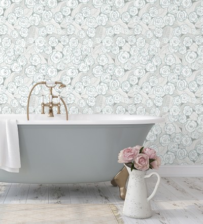 Papel pintado de flores color celeste sobre fondo gris Helen Flowers 680623