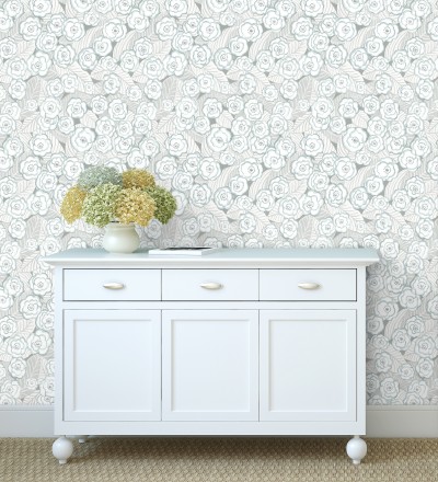 Papel pintado de flores color celeste sobre fondo gris Helen Flowers 680623