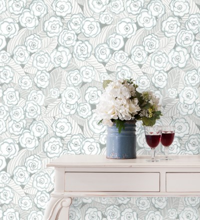 Papel pintado de flores color celeste sobre fondo gris Helen Flowers 680623
