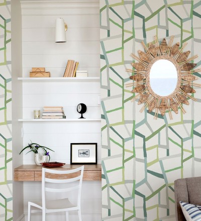Papel pintado geométrico trozos de telas texturizadas tonos verdes Kelvin Gallery 680634