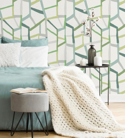 Papel pintado geométrico trozos de telas texturizadas tonos verdes Kelvin Gallery 680634