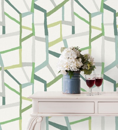 Papel pintado geométrico trozos de telas texturizadas tonos verdes Kelvin Gallery 680634