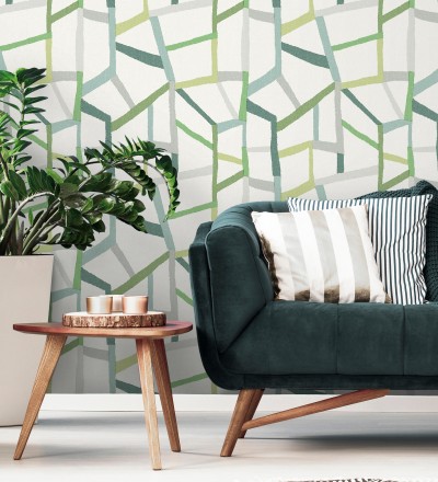 Papel pintado geométrico trozos de telas texturizadas tonos verdes Kelvin Gallery 680634