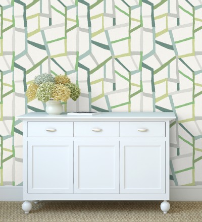 Papel pintado geométrico trozos de telas texturizadas tonos verdes Kelvin Gallery 680634