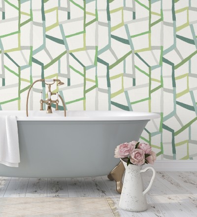 Papel pintado geométrico trozos de telas texturizadas tonos verdes Kelvin Gallery 680634