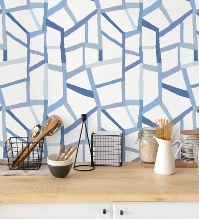Papel pintado geométrico trozos de telas texturizadas tonos azules Kelvin Gallery 680636