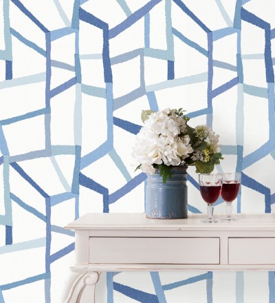 Papel pintado geométrico trozos de telas texturizadas tonos azules Kelvin Gallery 680636