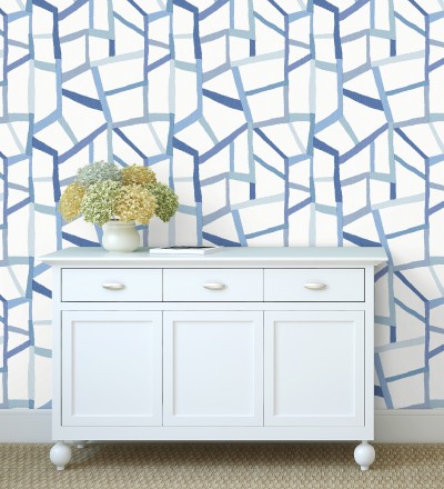 Papel pintado geométrico trozos de telas texturizadas tonos azules Kelvin Gallery 680636