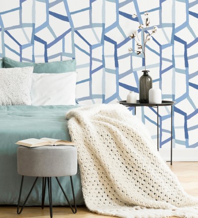 Papel pintado geométrico trozos de telas texturizadas tonos azules Kelvin Gallery 680636