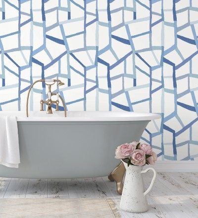 Papel pintado geométrico trozos de telas texturizadas tonos azules Kelvin Gallery 680636