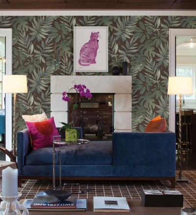 Papel pintado hojas grandes de monstera verde y marrón tropical Palm Springs 679453