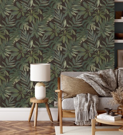 Papel pintado hojas grandes de monstera verde y marrón tropical Palm Springs 679453