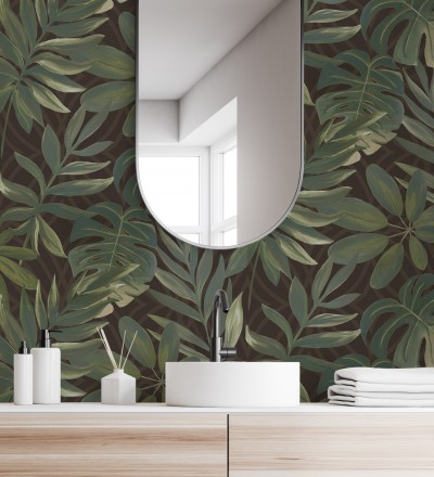 Papel pintado hojas grandes de monstera verde y marrón tropical Palm Springs 679453
