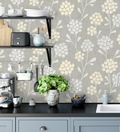 Papel pintado flores con hojas geométricas estilo nórdico Covent Garden 679706
