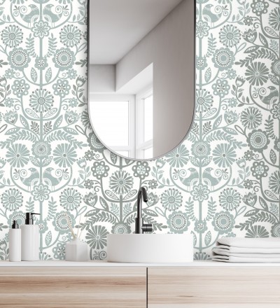 Papel pintado nórdico de flores formando rayas celestes y grises Canterbury 679399