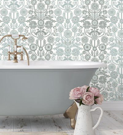 Papel pintado nórdico de flores formando rayas celestes y grises Canterbury 679399