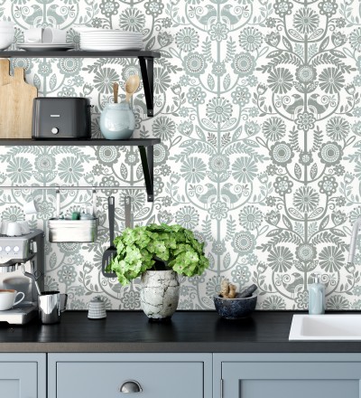 Papel pintado nórdico de flores formando rayas celestes y grises Canterbury 679399